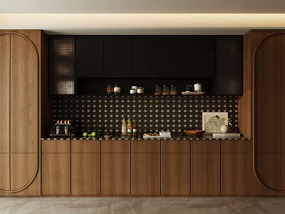 Modern Wooden Wine Cabinet Design With Black Upper Cabinets And Tile Backsplash 3d model