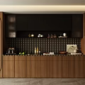 Modern Wooden Wine Cabinet Design With Black Upper Cabinets And Tile Backsplash