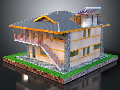 Cartoon Style Two Story House 3D Model with Gray Roof Yellow Walls and Green Lawn 3d model