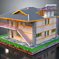 Cartoon Style Two Story House 3D Model with Gray Roof Yellow Walls and Green Lawn