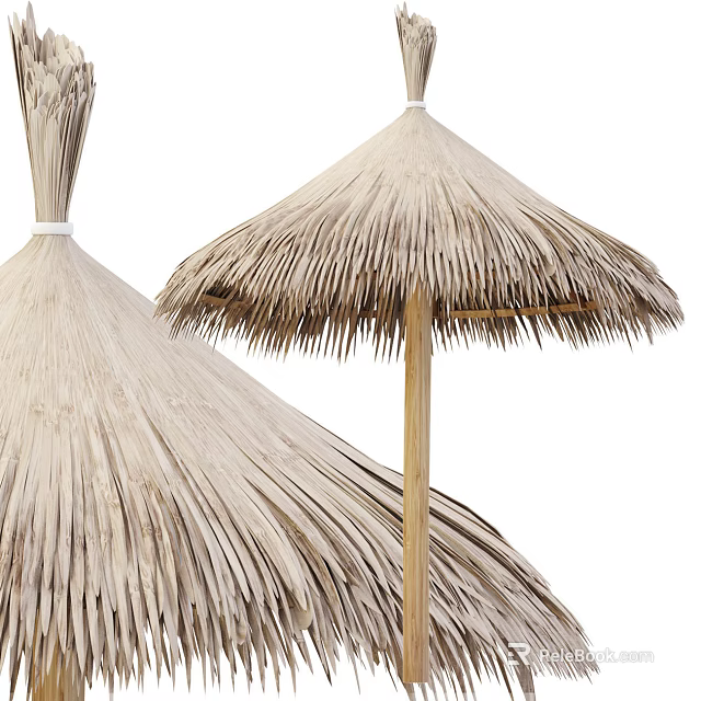 Two Natural Thatched Sunshades For Outdoor Garden Patio With Traditional Design 3d model 