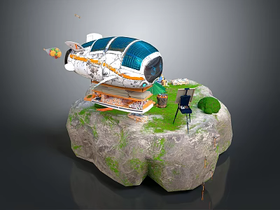 Futuristic Floating Island 3D Model With Airship Green Grass And Small Figure 3d model