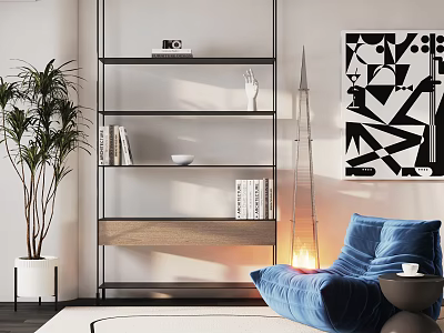 Modern Black Metal Bookcase With Shelves Books Palm Plant Blue Armchair And Abstract Wall Art 3d model