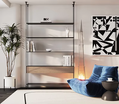 Modern Black Metal Bookcase With Shelves Books Palm Plant Blue Armchair And Abstract Wall Art 3d model