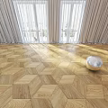 Geometric Design Wooden Flooring With Sunlight Through Large Windows Curtains And Silver Sphere