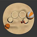 Colorful Beach Sandcastle Scene With Red Flags Orange Bucket Shovel And Beach Ball