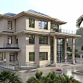 Two Story Detached Villa Exterior With Lush Garden Trees And Driveway Cars