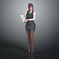 Red Haired Female Character Wearing White Shirt Black Vest Holding Folder on Gray Background