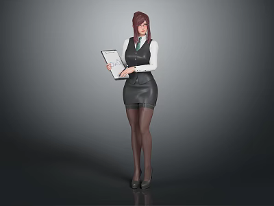 Red Haired Female Character Wearing White Shirt Black Vest Holding Folder on Gray Background 3d model