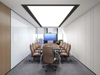 Modern Conference Room Interior With Long Table Chairs Large Screen Glass Walls And Gray Carpet 3d model