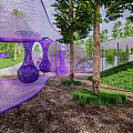 Park Landscape With Curved Green Roof Purple Mesh Structure And Seating Area
