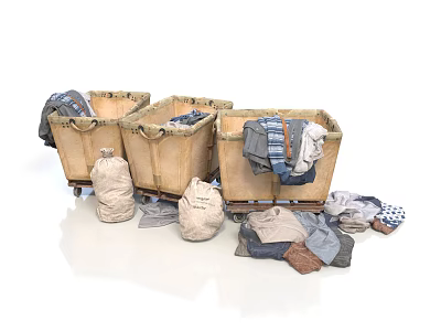 Wooden Laundry Baskets Filled With Clothes And Wrapped Storage Bags Plus Scattered Apparel 3d model