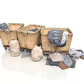 Wooden Laundry Baskets Filled With Clothes And Wrapped Storage Bags Plus Scattered Apparel