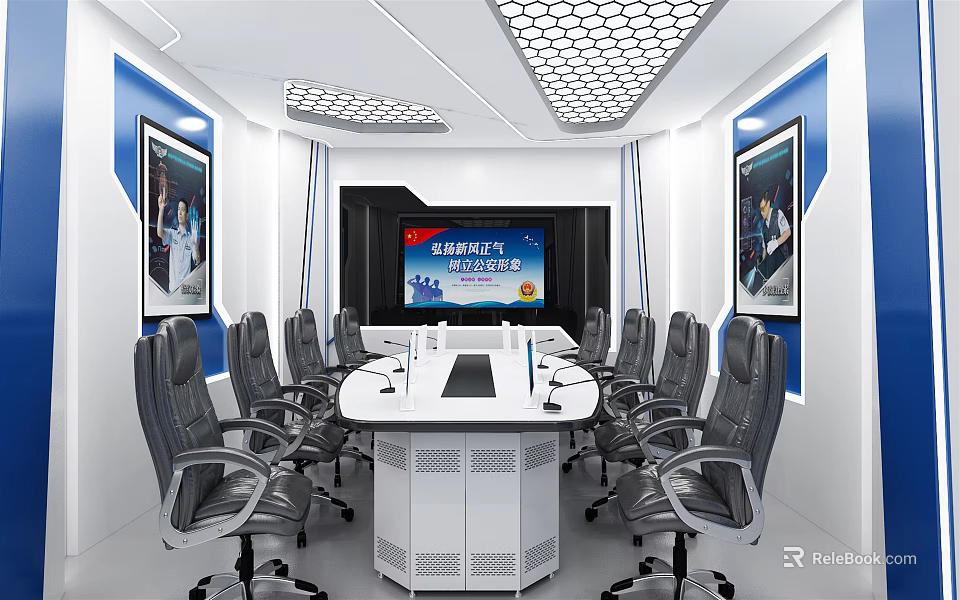 Modern Monitoring Room Interior With Conference Table Large Screen Wall Displays And Chairs 3d model 