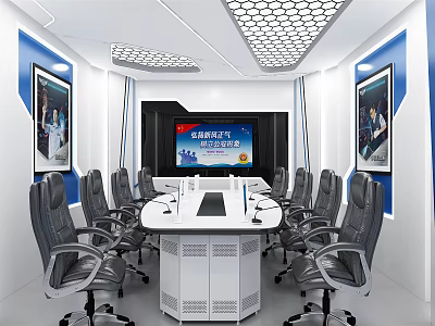 Modern Monitoring Room Interior With Conference Table Large Screen Wall Displays And Chairs 3d model