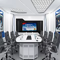 Modern Monitoring Room Interior With Conference Table Large Screen Wall Displays And Chairs