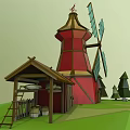 Cartoon Scene Featuring Red Windmill Blue Blades Wooden House Brown Roof Green Grass And Trees