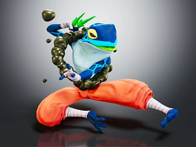 Blue Frog Game Character In Dynamic Action Stance With Green Weapon And Orange Pants 3d model