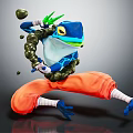 Blue Frog Game Character In Dynamic Action Stance With Green Weapon And Orange Pants