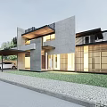 Modern Detached Villa With Gray Concrete Exterior Large Glass Windows And Landscaped Front Lawn