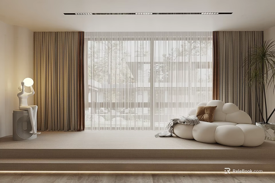 Modern Beige Sheer Curtains In Living Room With Floor to Ceiling Windows And Sofa 3d model 
