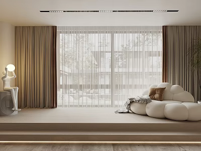 Modern Beige Sheer Curtains In Living Room With Floor to Ceiling Windows And Sofa 3d model