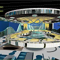 Futuristic Space Station Interior Design With Circular Control Center And Blue Backdrop