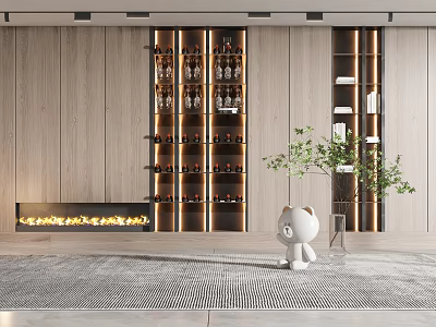 Modern Wooden Wine Cabinet Interior With Multi tiered Shelves Wine Bottles Glasses And Green Plant 3d model