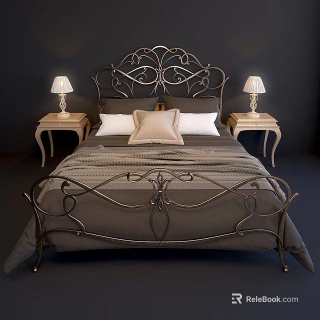 Elegant Double Bed With Ornate Metal Headboard Footboard And Bedside Table Lamps 3d model 
