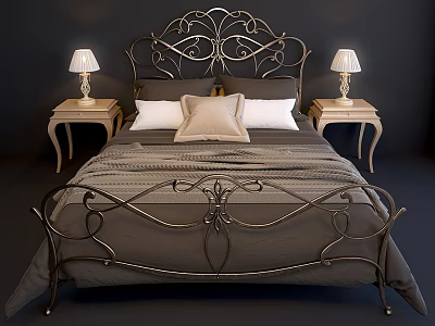 Elegant Double Bed With Ornate Metal Headboard Footboard And Bedside Table Lamps 3d model