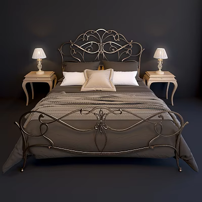 Elegant Double Bed With Ornate Metal Headboard Footboard And Bedside Table Lamps 3d model