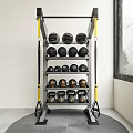 Organized Fitness Equipment Storage Rack With Dumbbells And Kettlebells In Indoor Gym