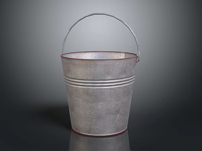Vintage Metal Bucket With Red Rim Handle And Striped Design For Home Use 3d model