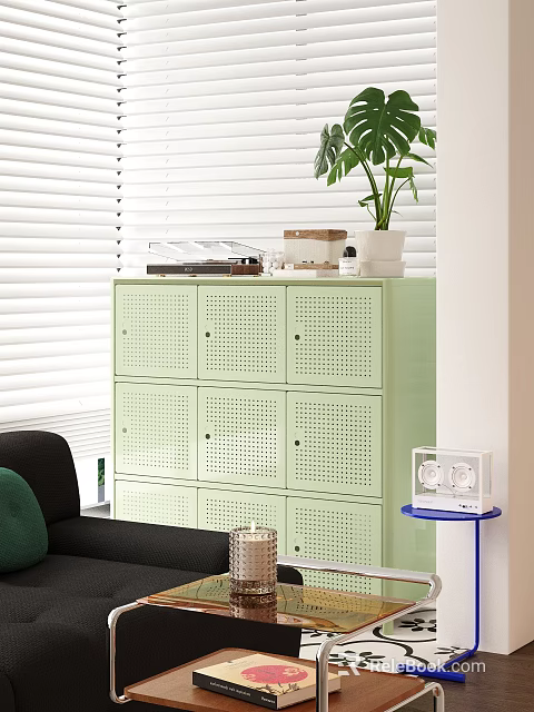 Light Green Perforated Storage Cabinet with White Blinds Plant and Black Sofa in Living Room 3d model 