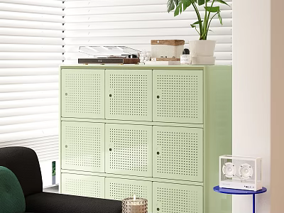 Light Green Perforated Storage Cabinet with White Blinds Plant and Black Sofa in Living Room 3d model