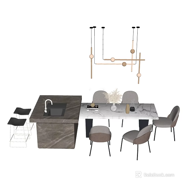 Modern Dining Space With Marble Table Chairs And Hanging Pendant Lights 3d model