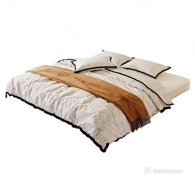 Stylish Bed Linen Set With Patterned Quilt Black Trim Pillows And Brown Fringed Blanket 3d model 