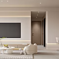 Modern Living and Dining Room Interior With Beige Sofa Dining Table Storage Cabinet And Lighting