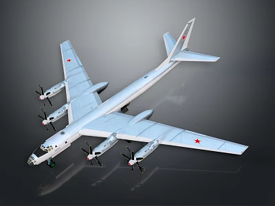 Military Airplane with Four Propeller Engines Red Star Symbols on Wings and White Body 3d model
