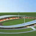 Sports Stadium With Running Track Green Football Field Digital Scoreboard And Floodlights