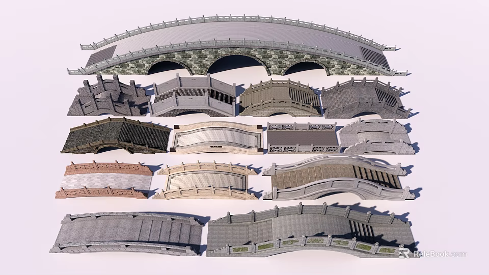 Various Landscape Bridge Designs Featuring Architectural Styles and Stone Arch Structures 3d model