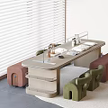 Modern Desk And Chair Combination With Green Chairs Brown Benches White Blinds And Gray Floor