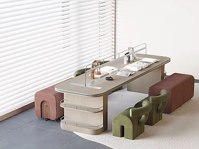 Modern Desk And Chair Combination With Green Chairs Brown Benches White Blinds And Gray Floor 3d model