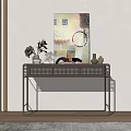 Modern Minimalist Console Table With Rattan Drawers Decorative Vase And Abstract Artwork
