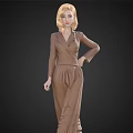 Blonde Woman In Brown Long Sleeve V Neck Jumpsuit With Elegant Standing Pose