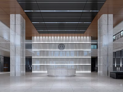 Spacious Lobby Front Desk Reception With Marble Pillars Wooden Ceiling And Lighted Logo Backdrop Wall 3d model