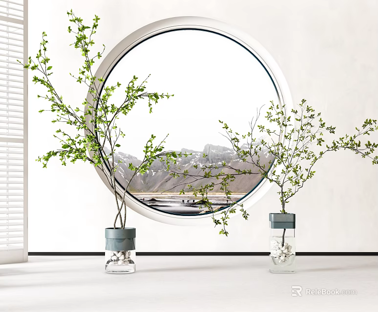 Modern Minimalist Interior with Transparent Vases Green Branches Circular Window Mountain View Blinds 3d model 
