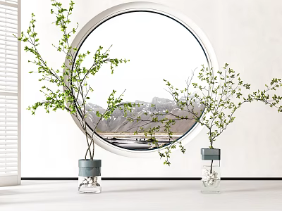 Modern Minimalist Interior with Transparent Vases Green Branches Circular Window Mountain View Blinds 3d model