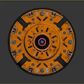 Orange Circular Mechanical Weapon Featuring Central Core And Metal Bolts 3d model