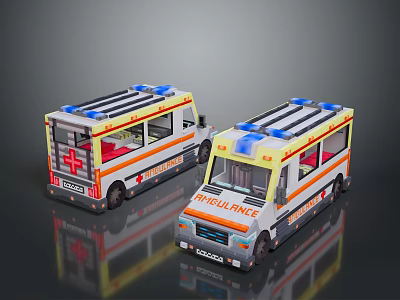 Two Toy Ambulance Model Vehicles With Blue Emergency Lights Orange Stripes And Red Cross 3d model